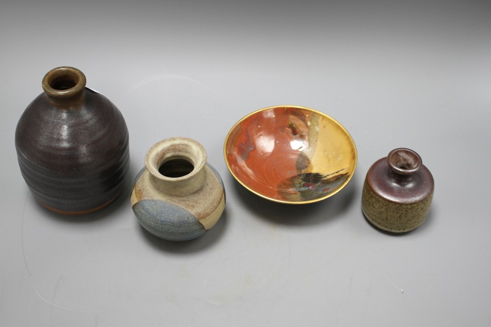Three assorted Studio pottery vases and a bowl, possibly Japanese largest 14cm